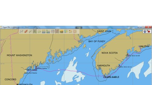 Kaartje gevaren route over Bay of Fundy met sinus