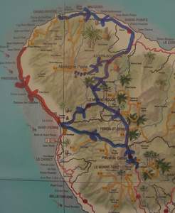 Wegenkaart van Martinique; blauwe route rijden we vandaag
