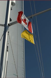 Canadese vlag en de Q als teken dat we nog moeten inklaren