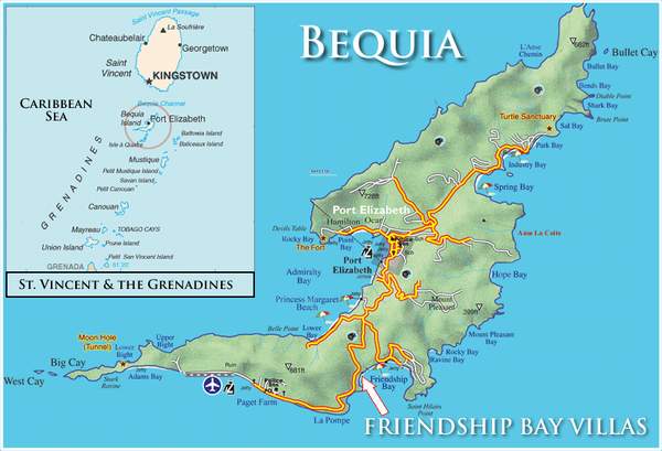 Plattegrond Bequia met de villa's hebben we niets, gewandeld van Port Elisabeth naar Turtle santuary in Noordoosten