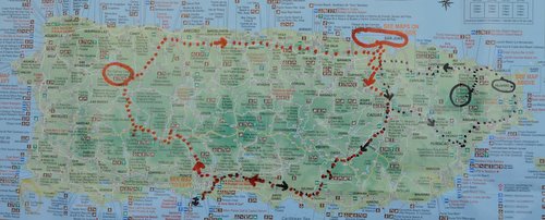 Route met huurauto op Puerto Rico, rood is vandaag
