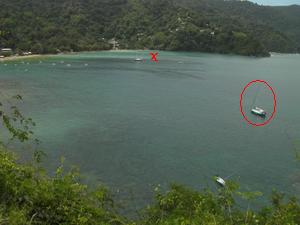 Man O' War Bay, kruisje is oude ankerplaats