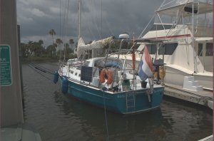 Bodyguard al een spin in web in box in afwachting van tropische storm Beryl
